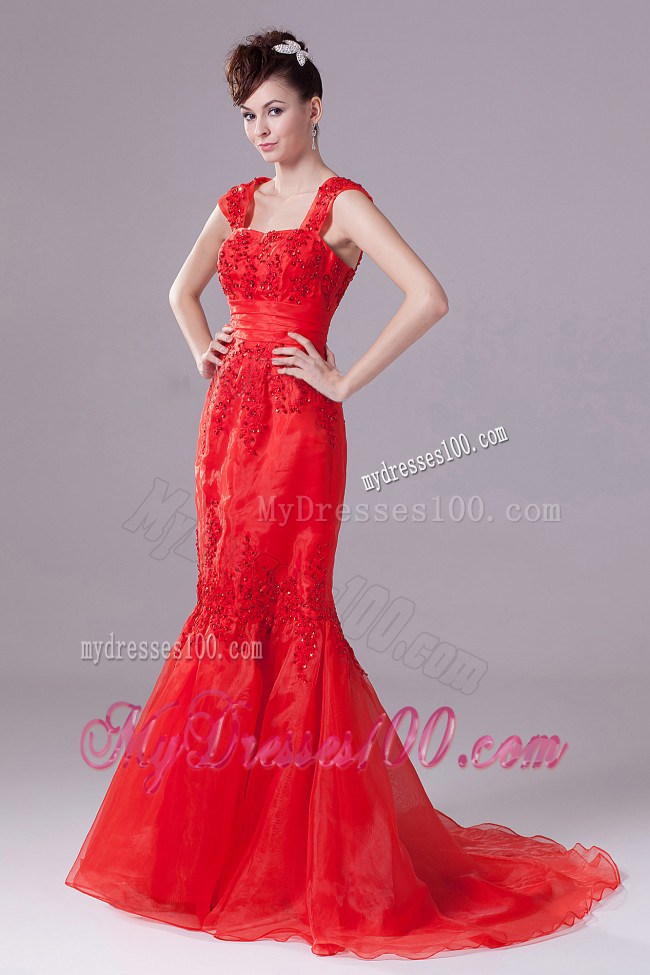 Mermaid Beading Square Appliques Prom Celebrity Dress in Red