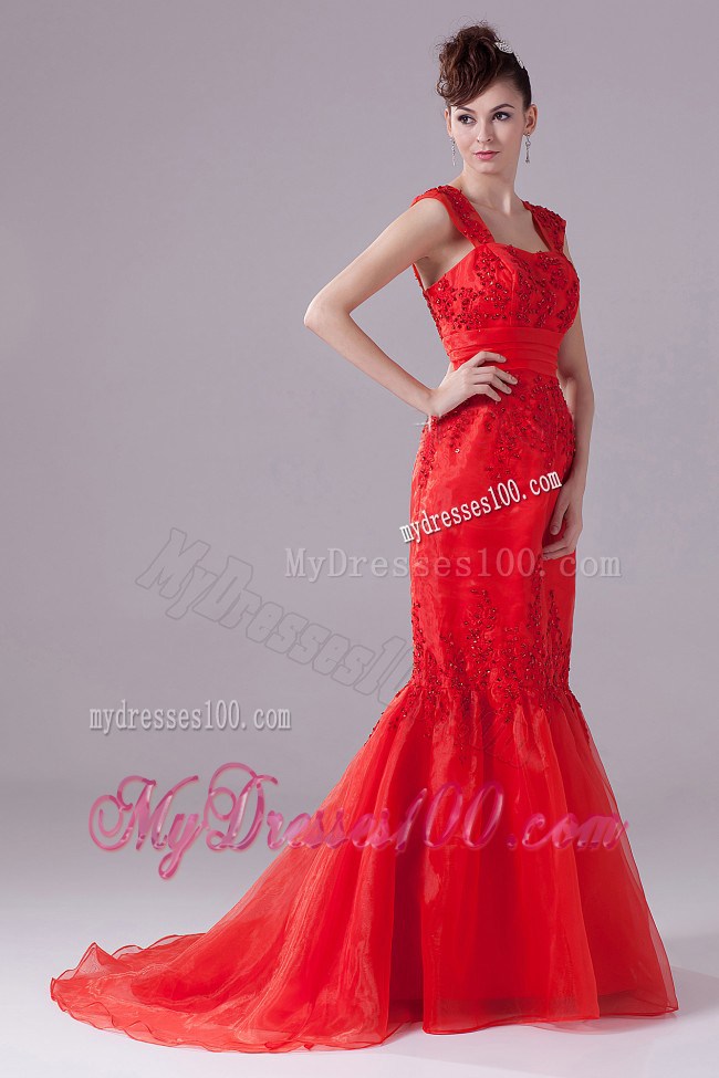Mermaid Beading Square Appliques Prom Celebrity Dress in Red