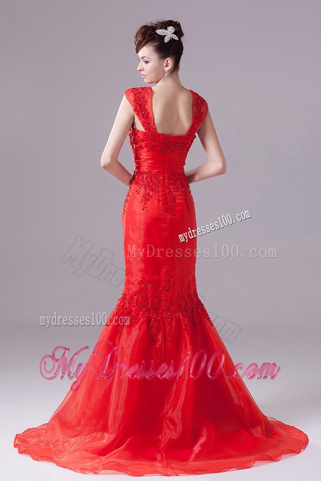 Mermaid Beading Square Appliques Prom Celebrity Dress in Red