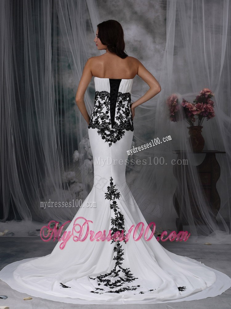 Sexy White Mermaid Strapless Chapel Train Lace Celebrity Dress