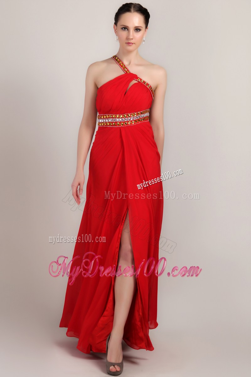 Red Empire One Shoulder Ankle-length Rhinestone Celebrity Dress