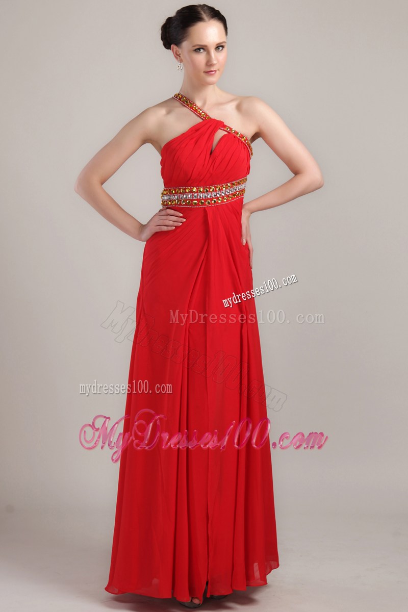 Red Empire One Shoulder Ankle-length Rhinestone Celebrity Dress