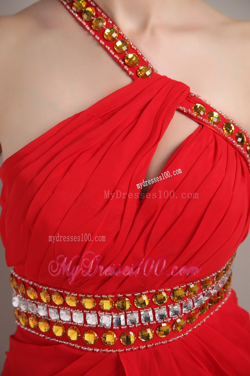 Red Empire One Shoulder Ankle-length Rhinestone Celebrity Dress