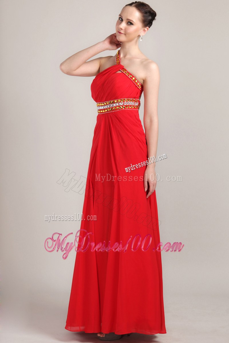 Red Empire One Shoulder Ankle-length Rhinestone Celebrity Dress