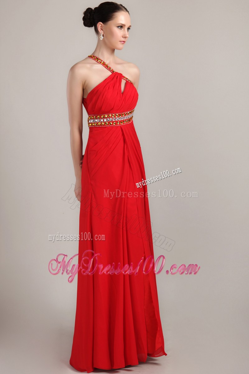 Red Empire One Shoulder Ankle-length Rhinestone Celebrity Dress
