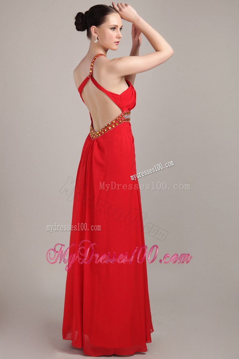 Red Empire One Shoulder Ankle-length Rhinestone Celebrity Dress