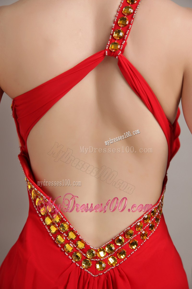 Red Empire One Shoulder Ankle-length Rhinestone Celebrity Dress