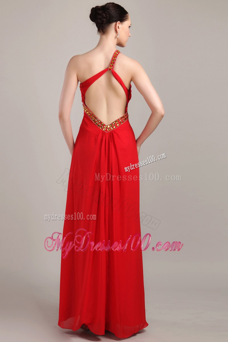 Red Empire One Shoulder Ankle-length Rhinestone Celebrity Dress