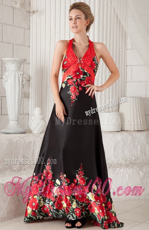Red and Black A-line / Princess Halter Brush Train Printing Beading Prom / Evening Dress