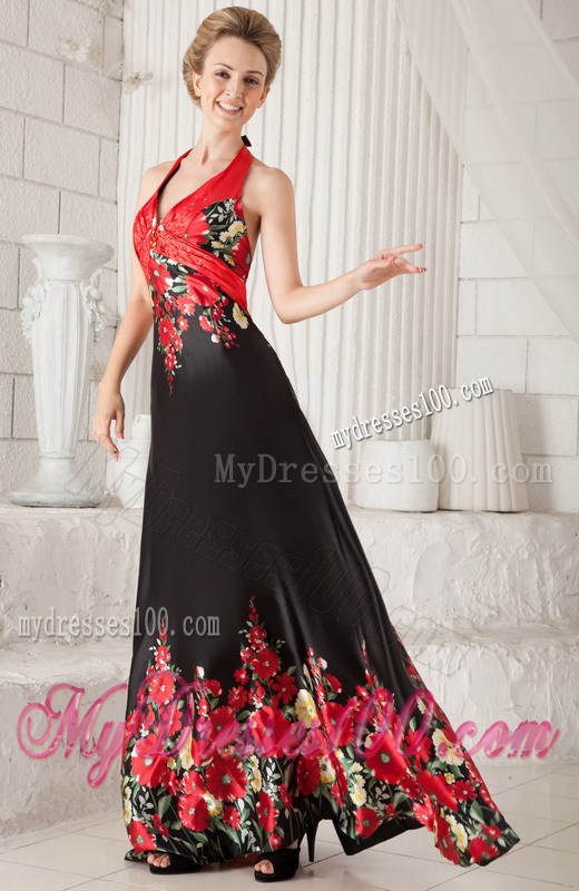 Red and Black A-line / Princess Halter Brush Train Printing Beading Prom / Evening Dress