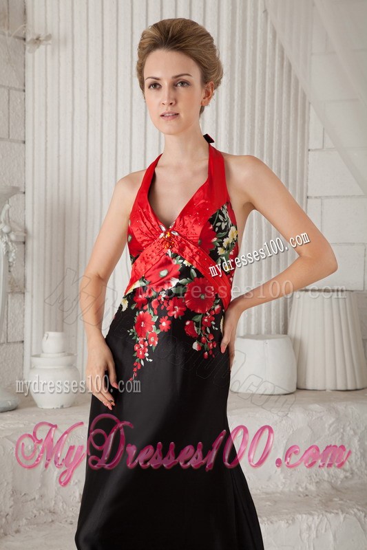 Red and Black A-line / Princess Halter Brush Train Printing Beading Prom / Evening Dress