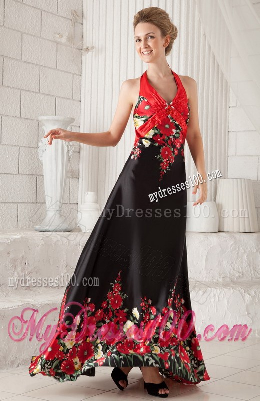Red and Black A-line / Princess Halter Brush Train Printing Beading Prom / Evening Dress