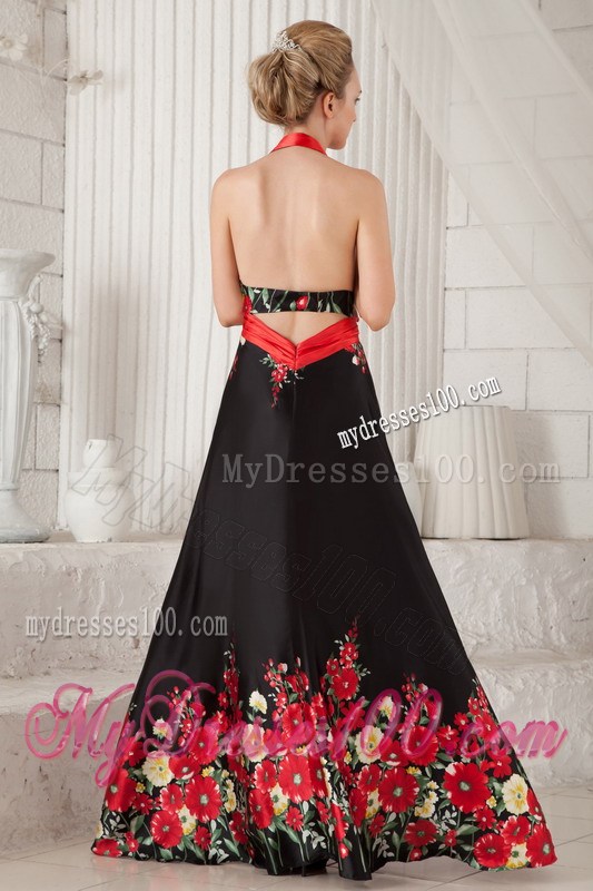 Red and Black A-line / Princess Halter Brush Train Printing Beading Prom / Evening Dress
