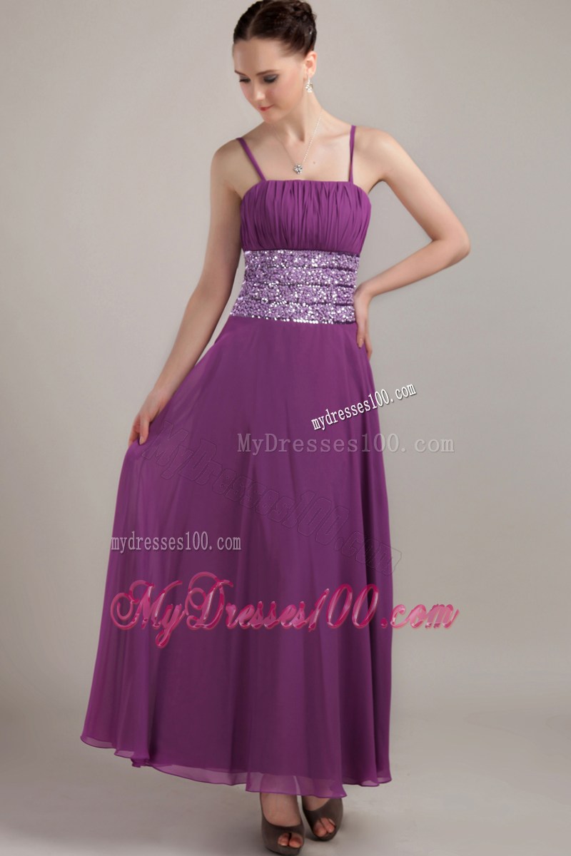 Purple Empire Strap Ankle-length Ruching Prom Celebrity Dress