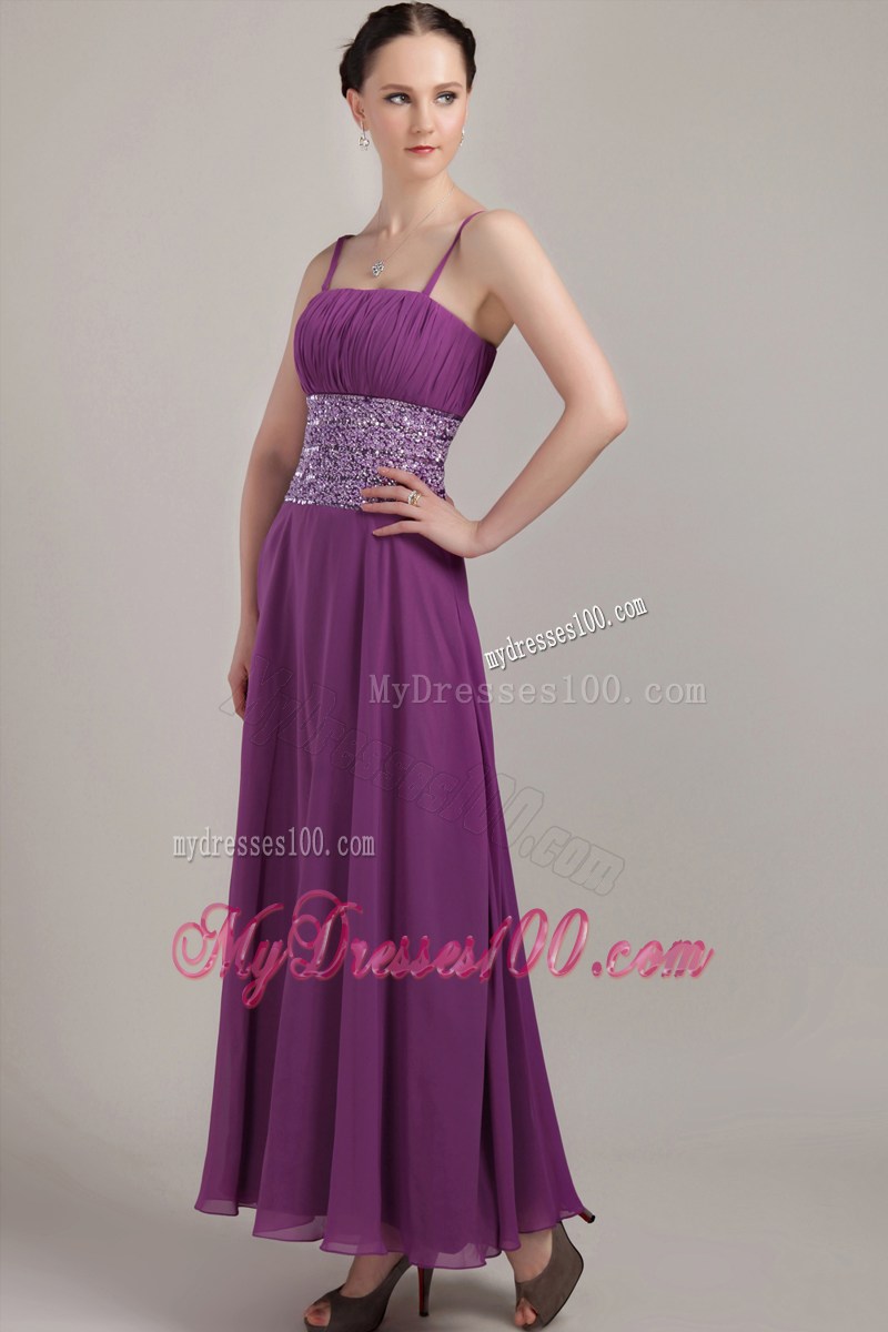Purple Empire Strap Ankle-length Ruching Prom Celebrity Dress