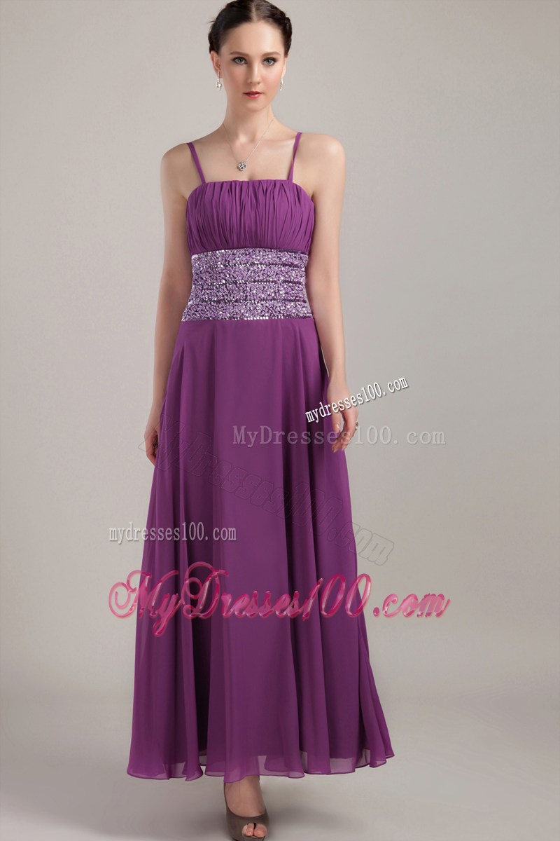 Purple Empire Strap Ankle-length Ruching Prom Celebrity Dress