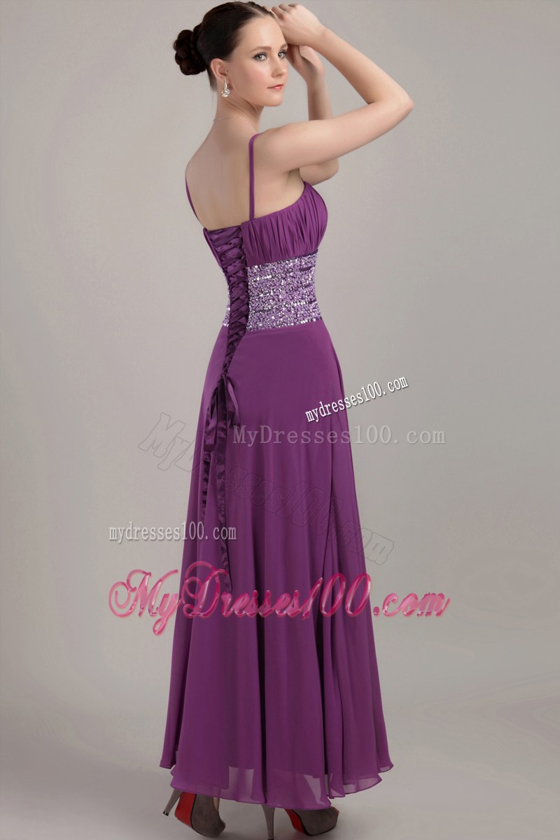 Purple Empire Strap Ankle-length Ruching Prom Celebrity Dress