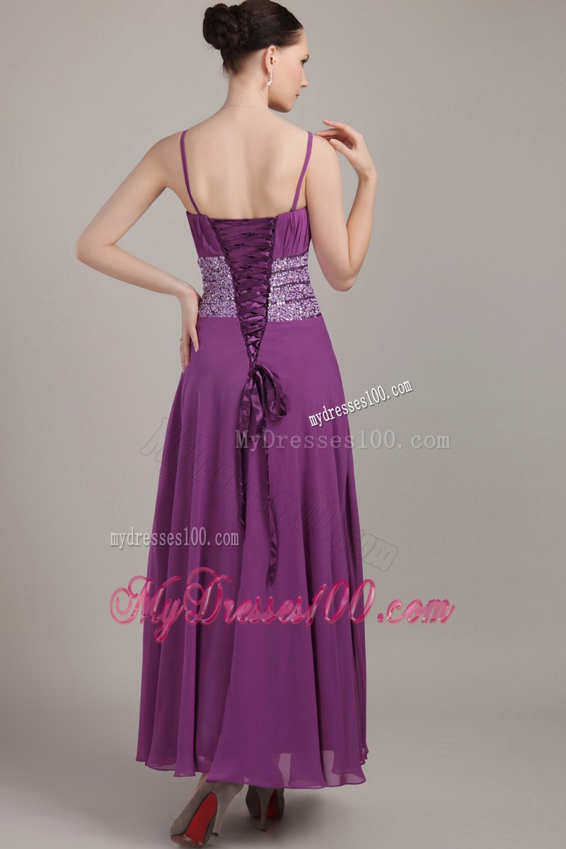 Purple Empire Strap Ankle-length Ruching Prom Celebrity Dress