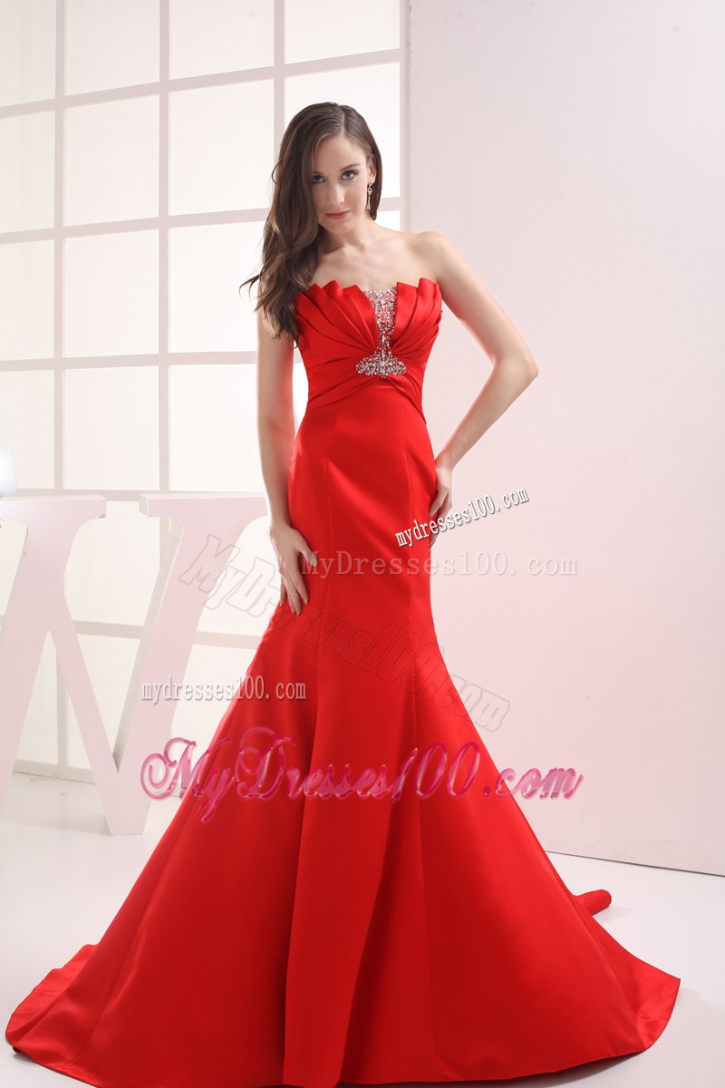 Red Mermaid Strapless Beading and Ruching Prom Celebrity Dress