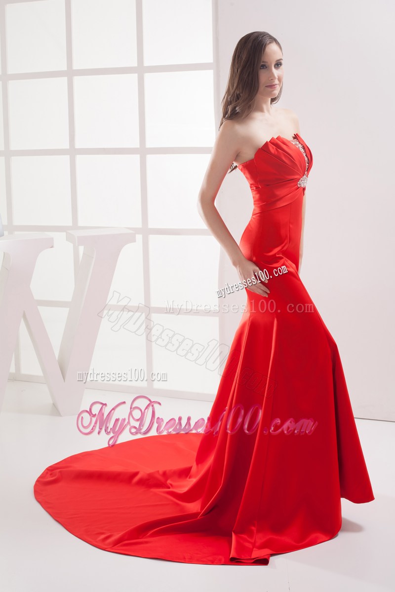 Red Mermaid Strapless Beading and Ruching Prom Celebrity Dress