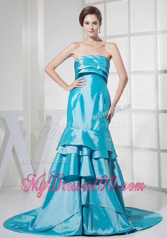 Ruffled Layers Decorate Aqua Blue Brush Train Celebrity Dress
