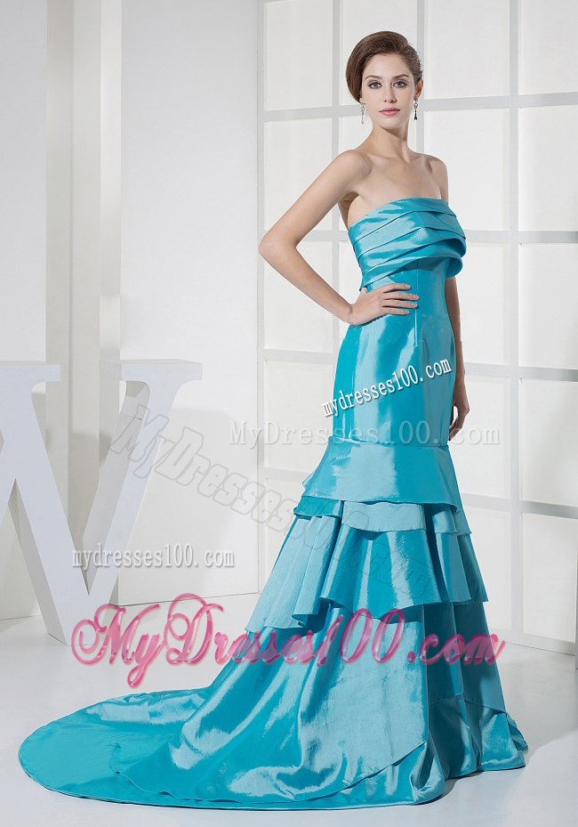 Ruffled Layers Decorate Aqua Blue Brush Train Celebrity Dress