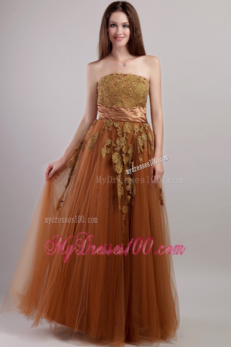 Empire Strapless Appliques Decorate Celebrity Dress in Rust Red