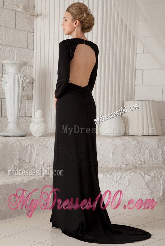 Black Column Scoop Brush Train Long Sleeves Prom Celebrity Dress