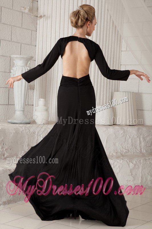 Black Column Scoop Brush Train Long Sleeves Prom Celebrity Dress