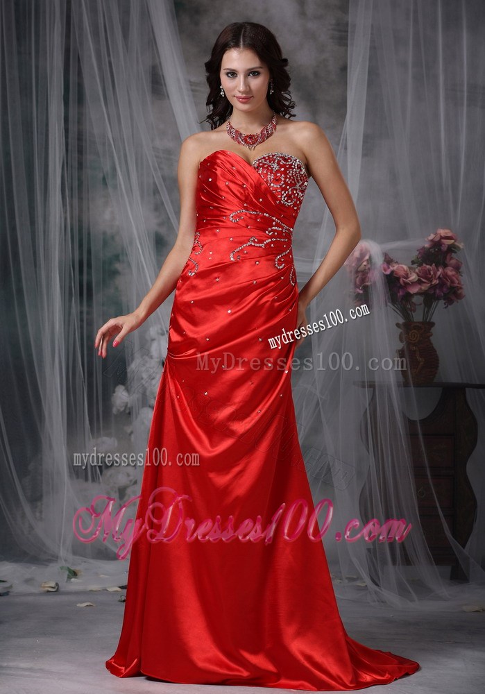 Red Column Sweetheart Beading Celebrity Dress with Brush Train