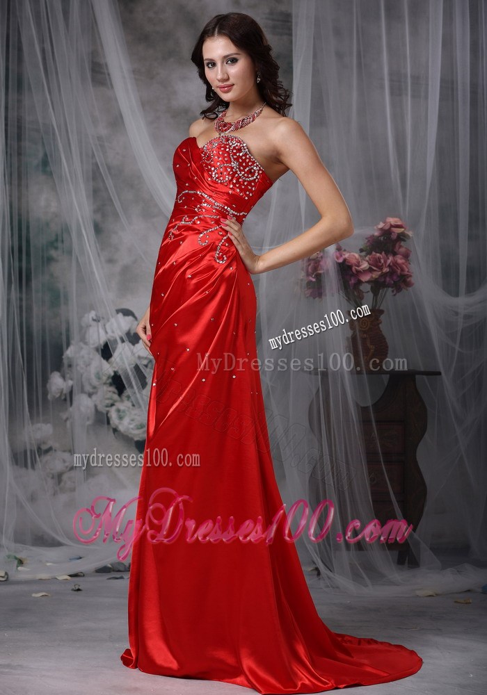Red Column Sweetheart Beading Celebrity Dress with Brush Train
