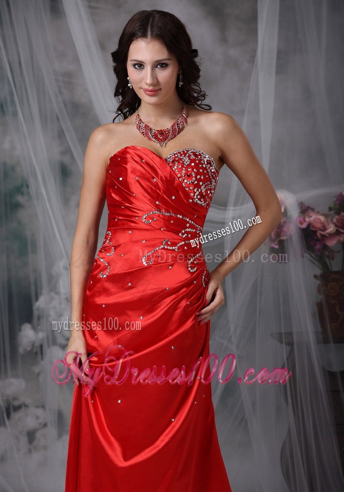 Red Column Sweetheart Beading Celebrity Dress with Brush Train