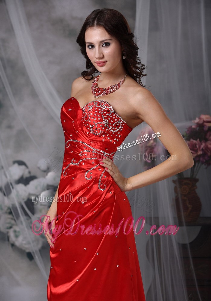 Red Column Sweetheart Beading Celebrity Dress with Brush Train