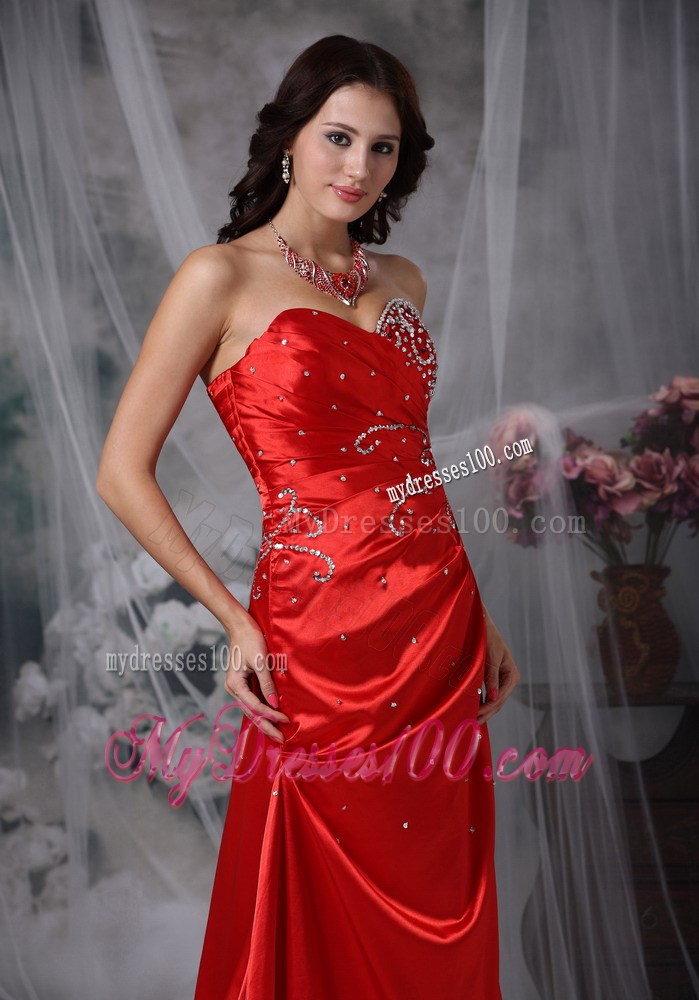 Red Column Sweetheart Beading Celebrity Dress with Brush Train