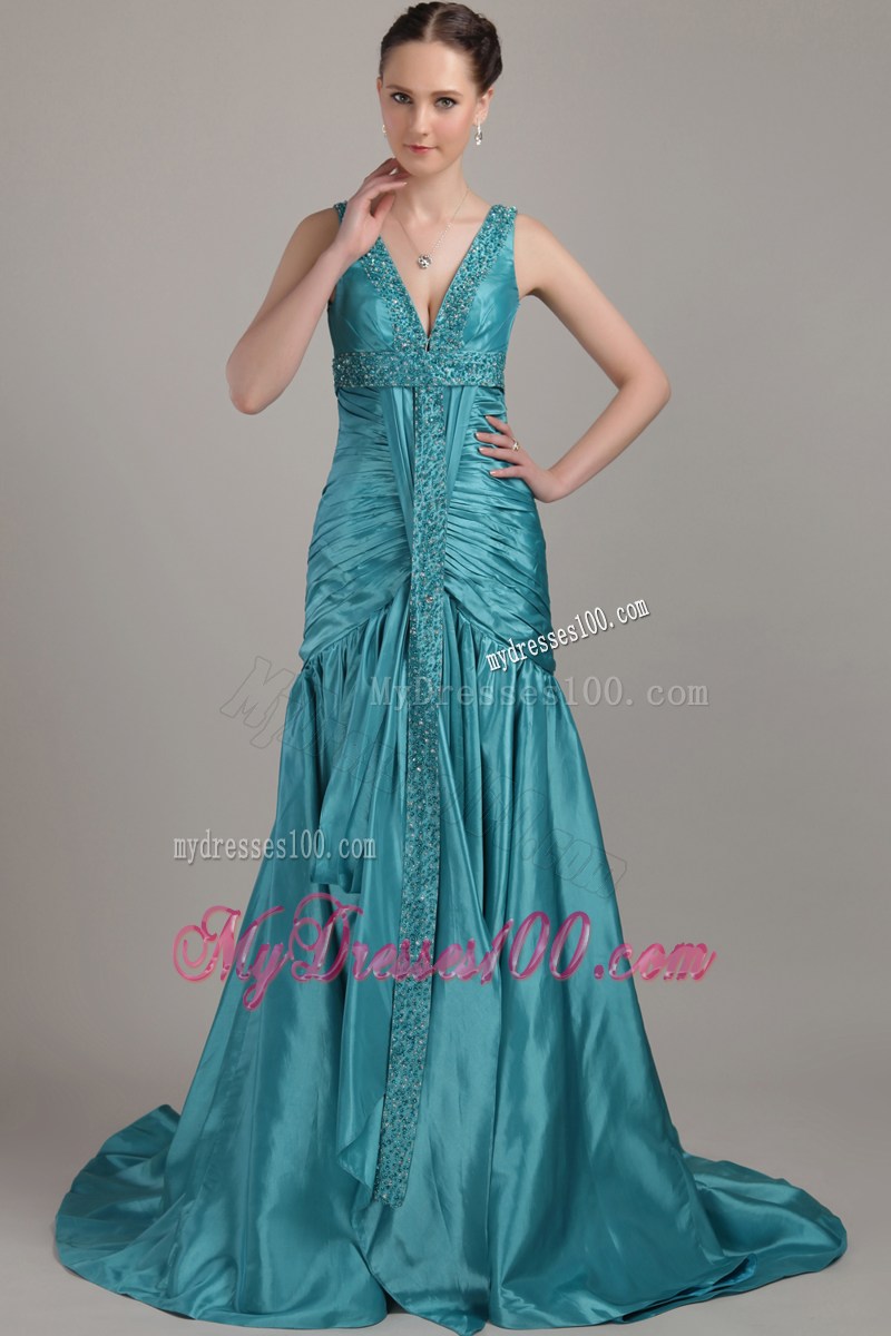Teal V-neck Brush Train Beading and Ruche Prom Celebrity Dress