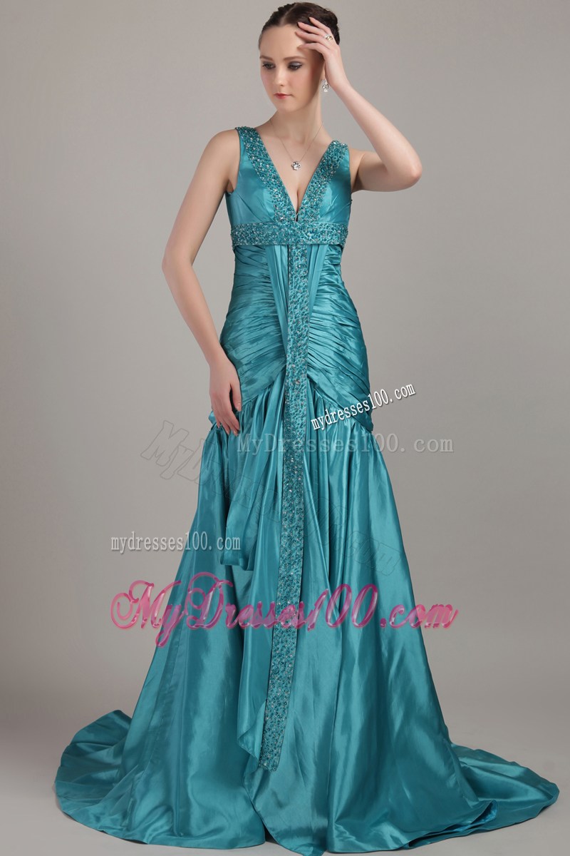 Teal V-neck Brush Train Beading and Ruche Prom Celebrity Dress
