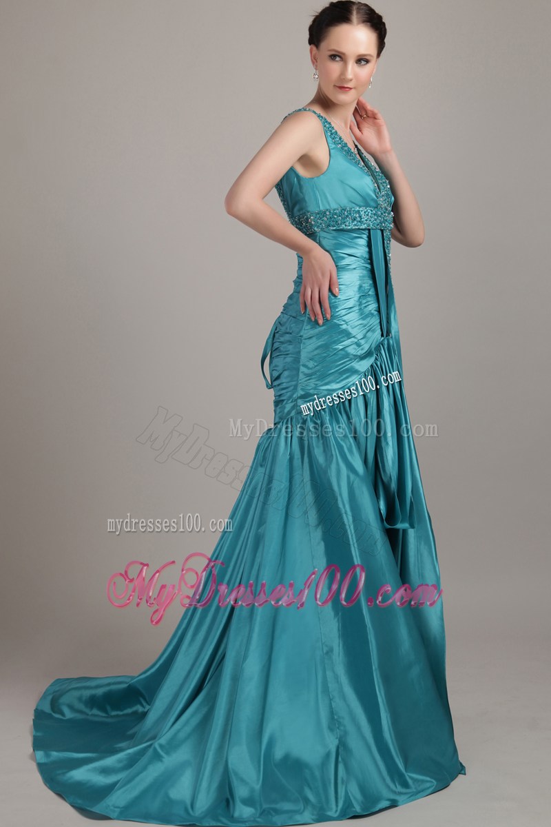 Teal V-neck Brush Train Beading and Ruche Prom Celebrity Dress