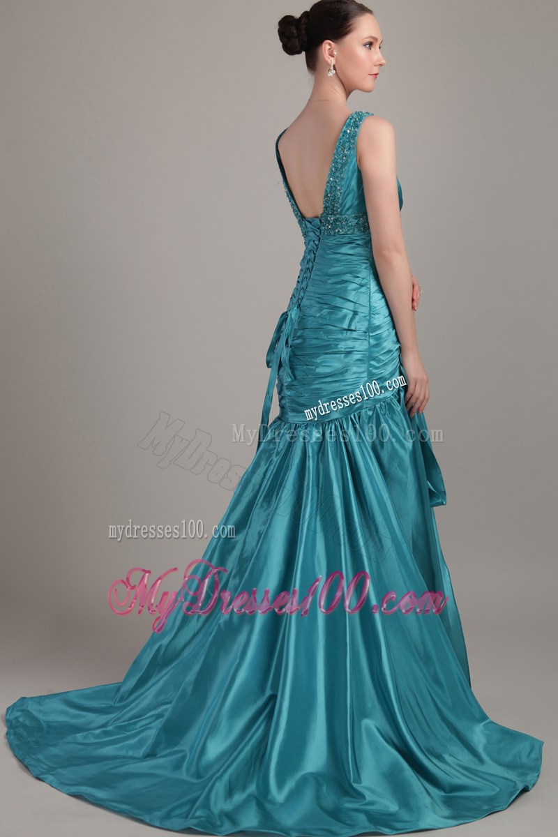 Teal V-neck Brush Train Beading and Ruche Prom Celebrity Dress