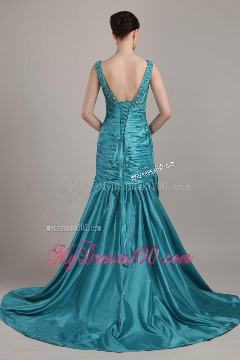 Teal V-neck Brush Train Beading and Ruche Prom Celebrity Dress