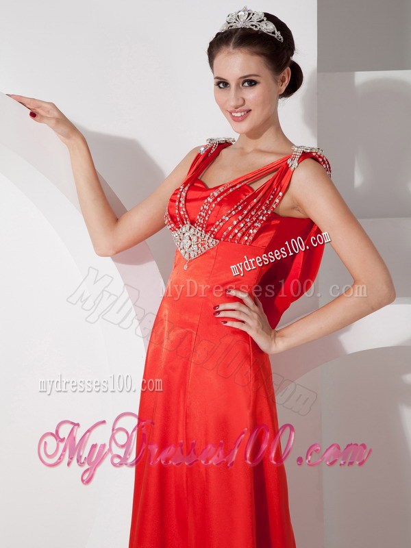 Pretty Empire V-neck Beaded Decorate Celebrity Dress in Red
