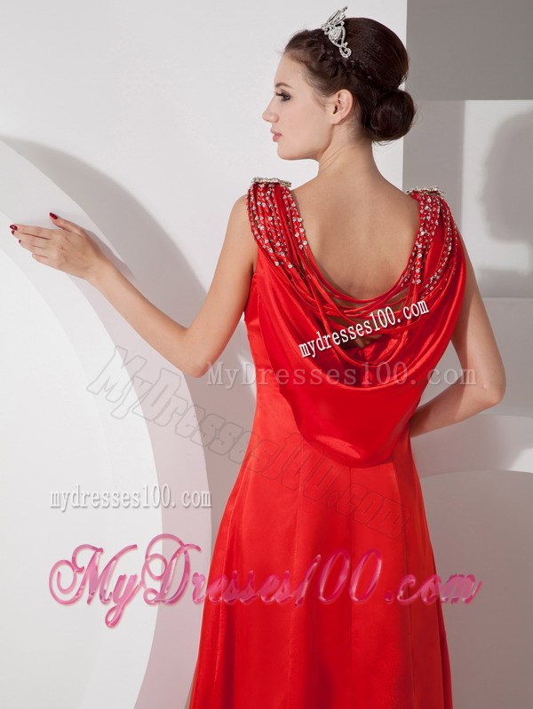 Pretty Empire V-neck Beaded Decorate Celebrity Dress in Red