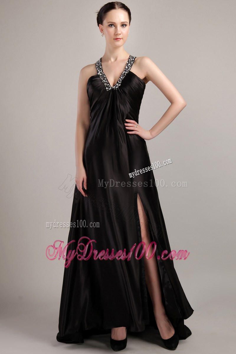 V-neck Black Empire Sweep Brush Beading Prom Celebrity Dress