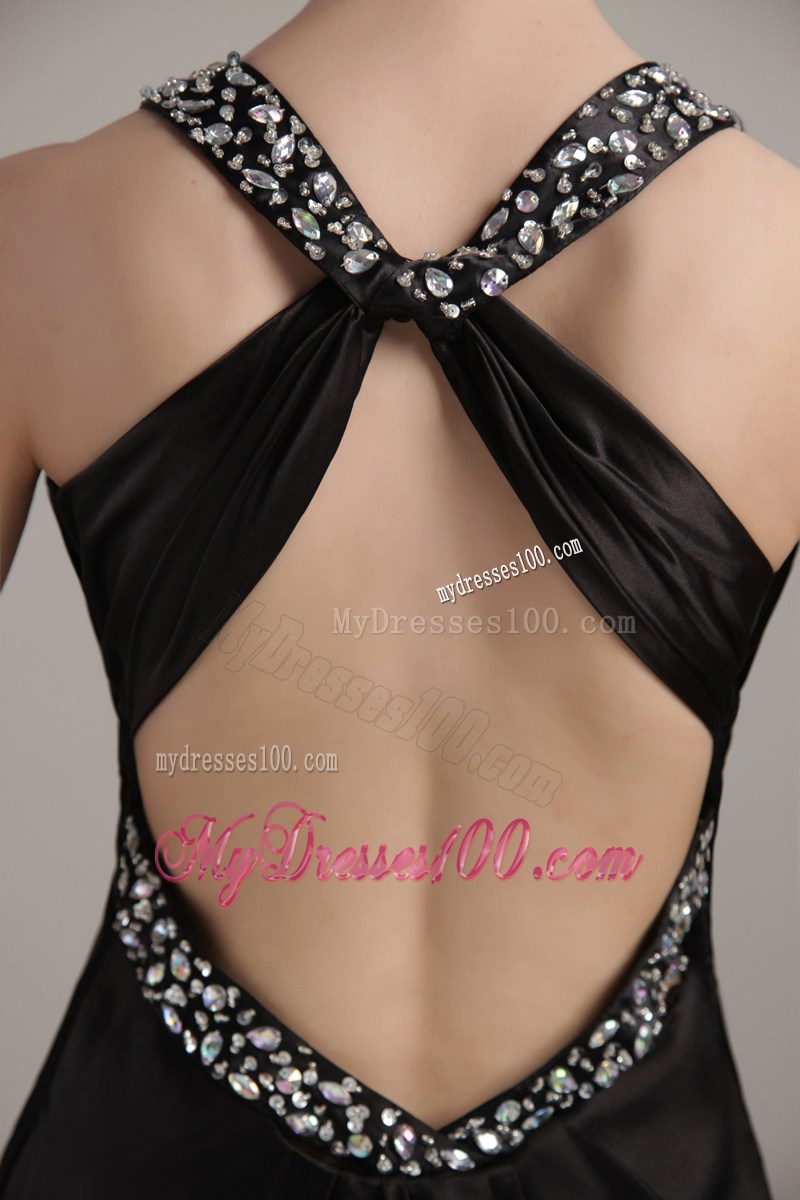 V-neck Black Empire Sweep Brush Beading Prom Celebrity Dress