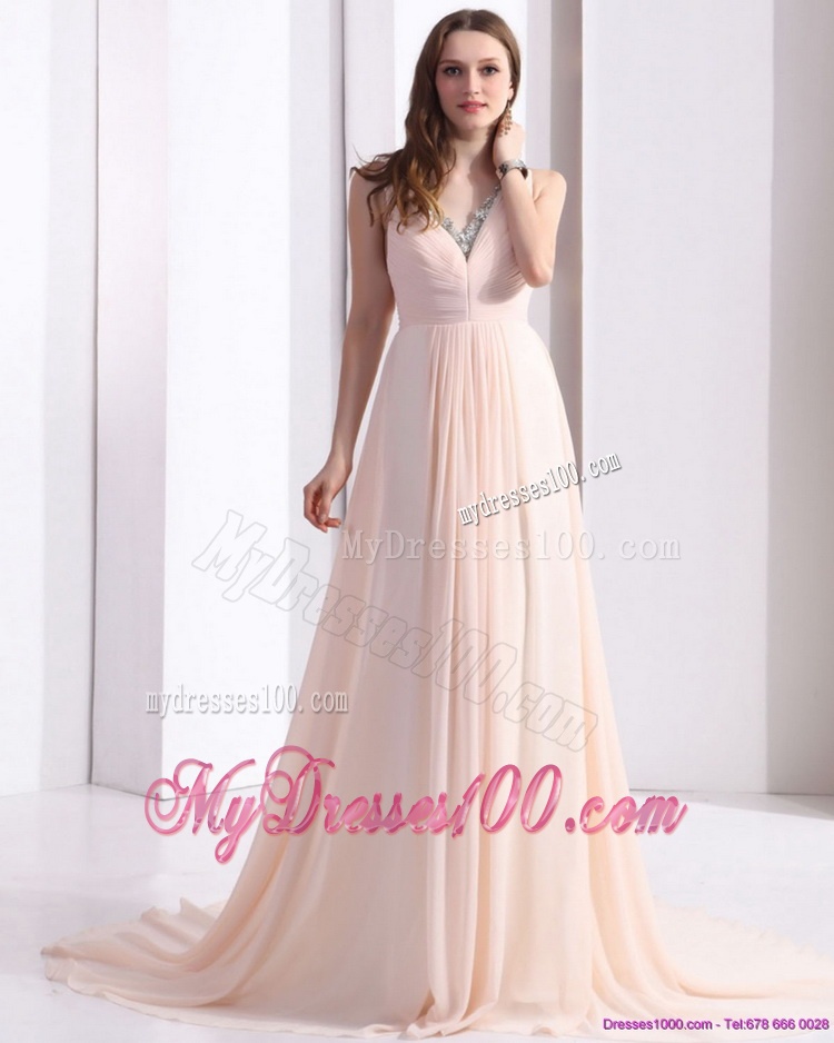 2016 Brush Train Long Evening Dresses with Beading and Ruching