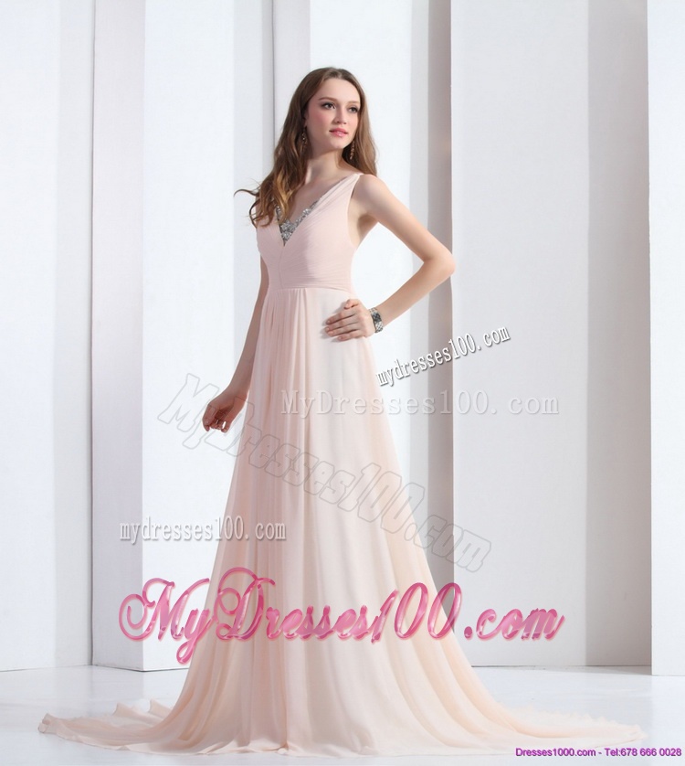 2016 Brush Train Long Evening Dresses with Beading and Ruching