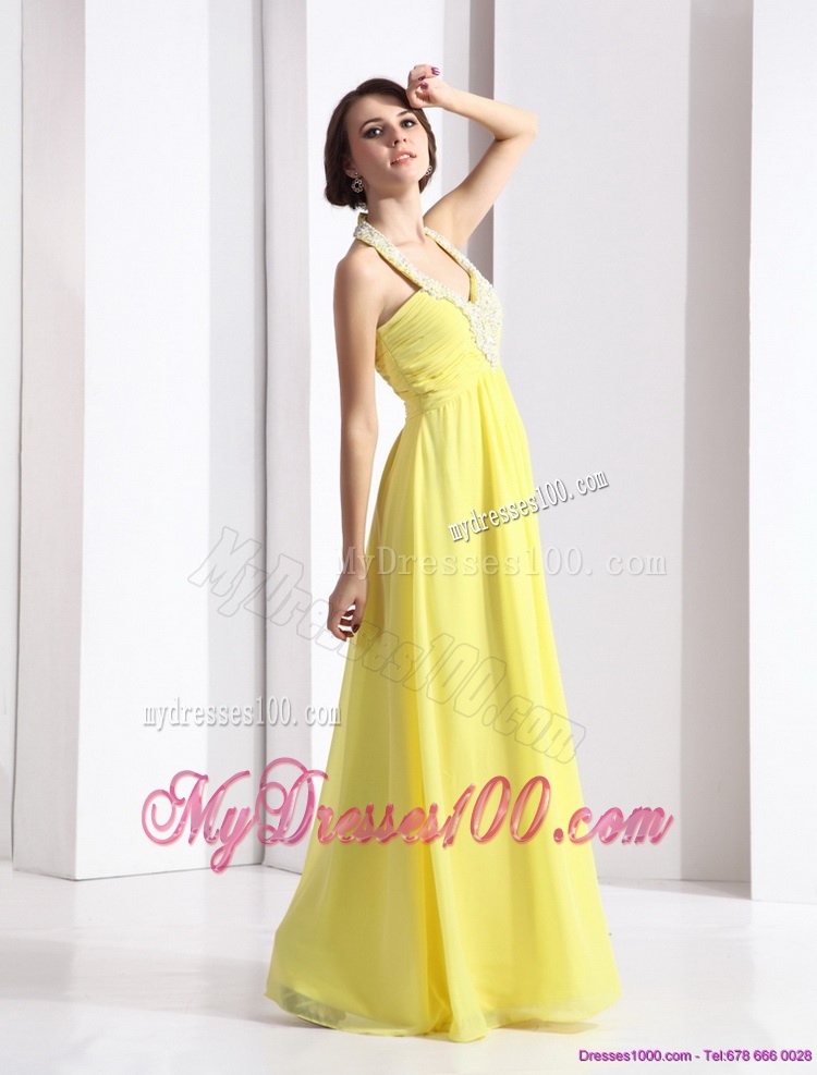 2016 Cheap Halter Top Yellow Evening Dress with Floor Length