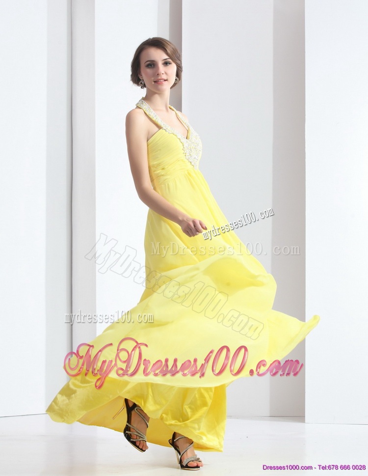 2016 Cheap Halter Top Yellow Evening Dress with Floor Length