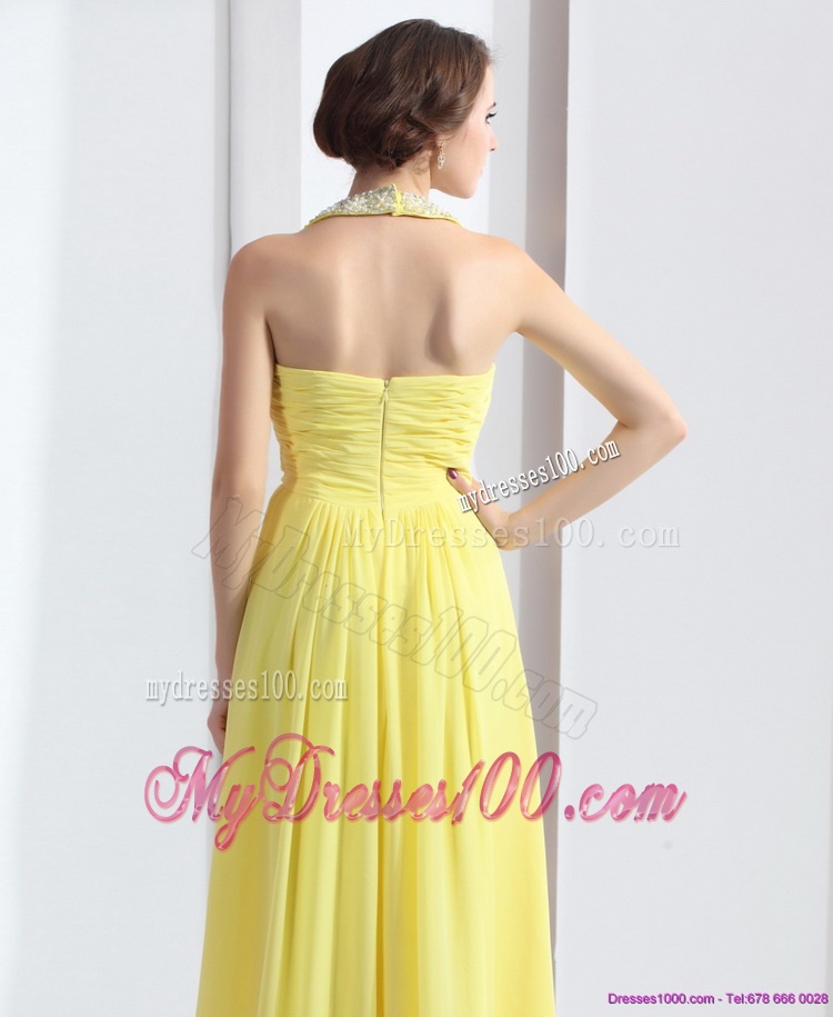 2016 Cheap Halter Top Yellow Evening Dress with Floor Length