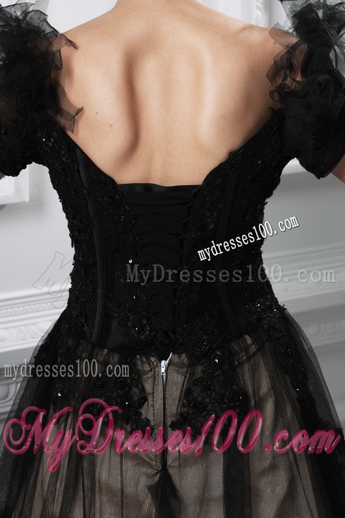 2016 New A-line Appliques V-neck Tulle Black Evening Dress