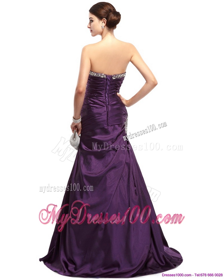 2016 Romantic Brush Train Evening Dress with Ruching and Beading
